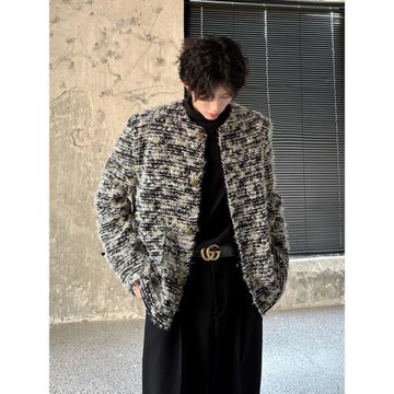 秋冬款粗花呢高級感小香風外套男女韓版貓須小眾無領墊肩上衣輕奢