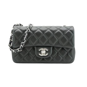 Chanel 展示品 Mini Flap 銀雙C菱格小羊皮斜背鍊包-20cm(A69900-黑)