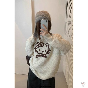 🔥店長新選🔥復古奶油色系卡通圖案提花設計感毛衣女秋冬針織衫打底韓系百搭爆 毛衣