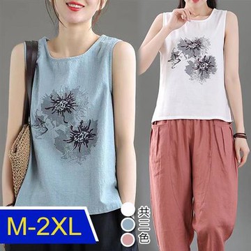 【韓國K.W.】前後深V花韓國麻棉涼感背心上衣(涼感/小香風/背心/輕薄/短袖)