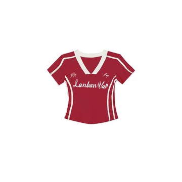 美式辣妹紅色正肩v領短袖t恤女夏修身收腰顯瘦運動設計感短款上衣