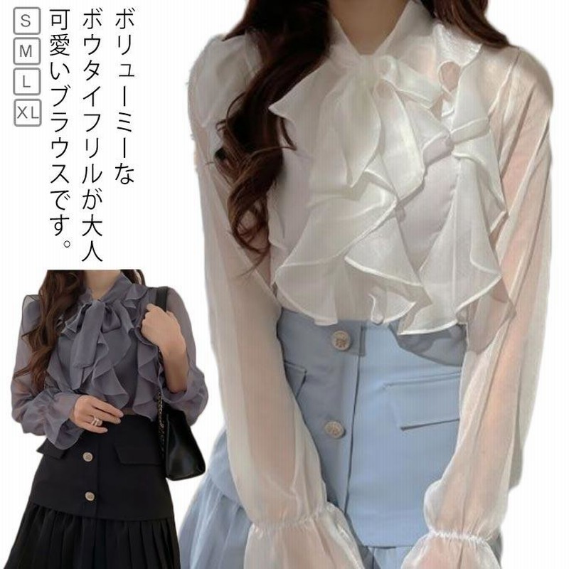 ソブ｜シフォン ブラウス フリル ボウタイ リボン 黒 ブラック長袖 Sサイズ ソブ｜シフォン ブラウス フリル ボウタイ リボン 黒 ブラック