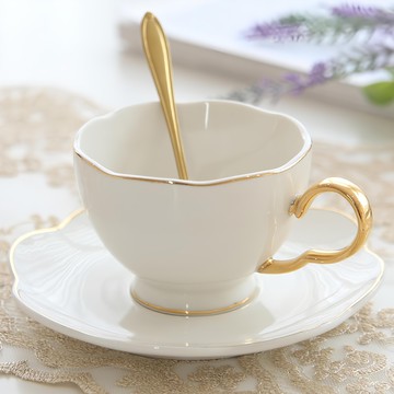 Gongganane 金色花邊咖啡杯 + 碟子 + 茶匙 3件組  1組  白色