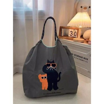 日系ball chain刺繡灰眼鏡貓環保袋購物袋斜挎帆布包通勤單肩包女