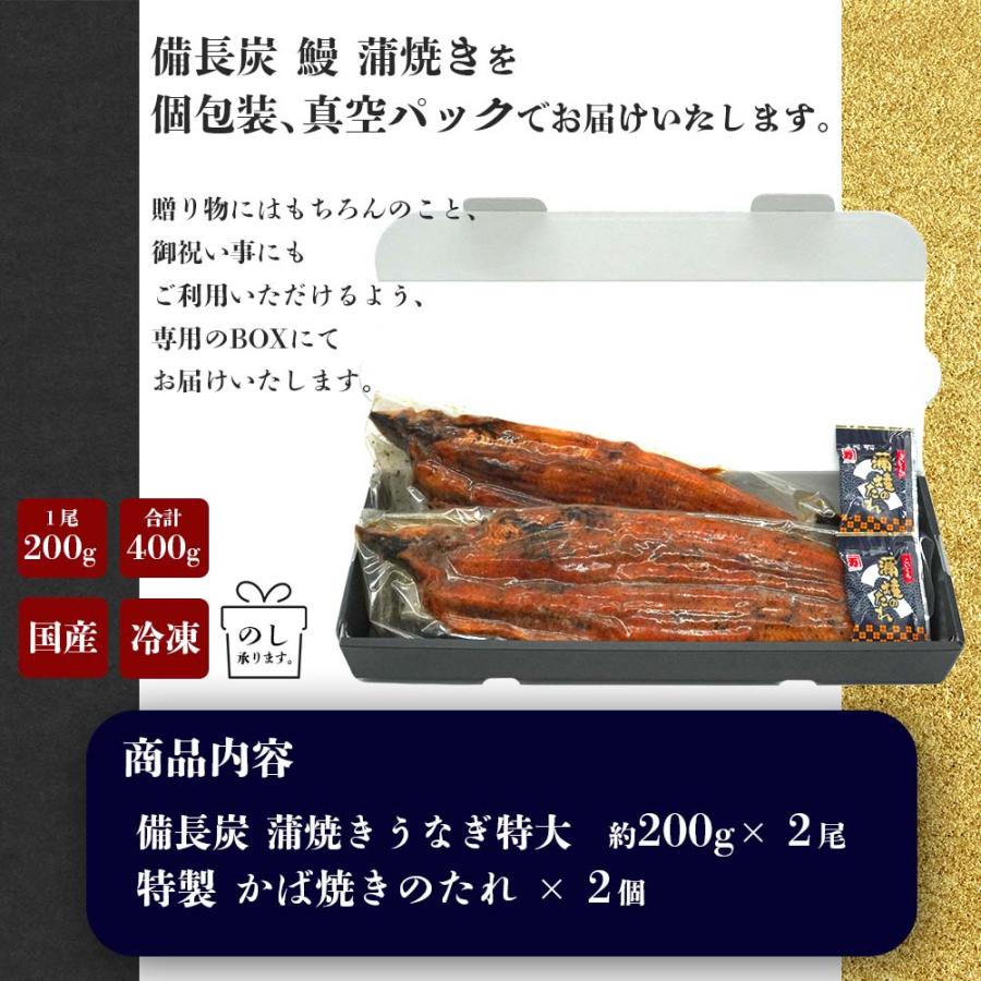 うなぎ 蒲焼き 国産  (特大200g×2尾) 敬老の日 ギフト タレ付 土用の丑の日 鰻