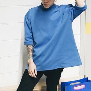 FINDSENSE MD 韓國 潮 男 時尚 休閒 立領 寬鬆 五分袖 簡約純色素面 情侶款 短袖T恤 特色短T 素面T