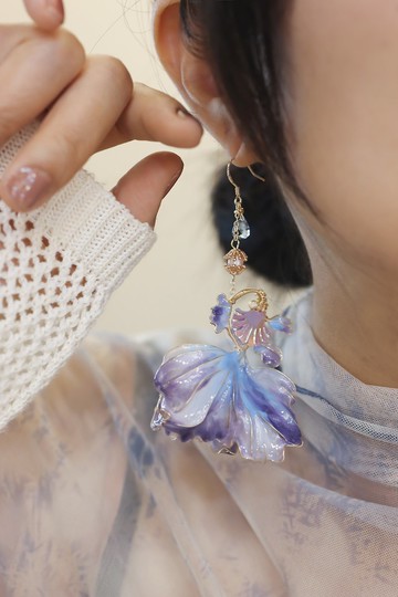 2024新色 海洋樂園 水晶魚－迷霧紫 托帕石水晶花樹脂耳環耳勾耳