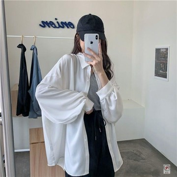 🎈流行女裝🎈韓版寬鬆垂感冰絲燈籠袖白襯衫防曬上衣中長款慵懶風百搭薄襯衣女