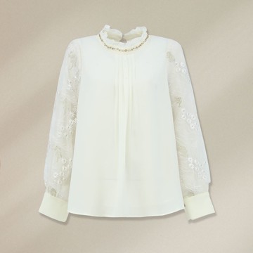 ILEY伊蕾 古典蕾絲袖荷葉領雪紡上衣(杏色；M-XL)1233161808