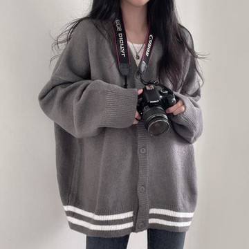 韓國chic秋冬甜美氣質V領單排扣寬松休閑百搭長袖針織開衫外套女