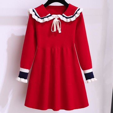 紅色秋冬兒童女孩學院風連衣裙