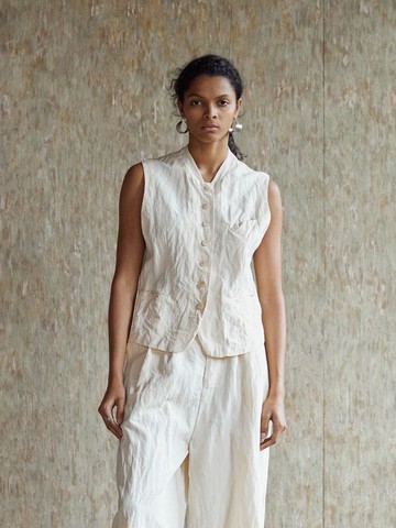 法式復古 絲麻背心 極簡休閒上衣