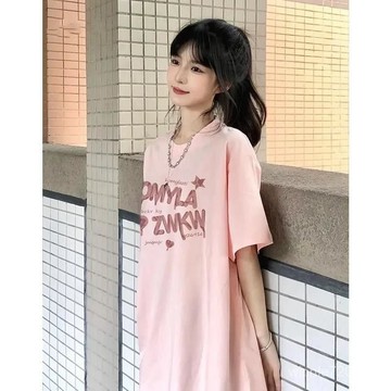 【限時特賣】春夏季短袖 修身辣妹短袖 寬鬆短袖[]100%純棉夏季新款日係淺粉色慵懶穿搭百搭vintage字母印花短袖T