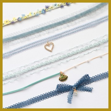 高級感飾品 甜美少女霧霾灰藍蕾絲蝴蝶結愛心頸鏈鎖骨鏈 CHOKER項鏈