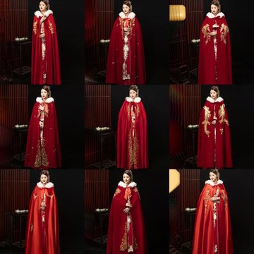 新娘秀禾服披風外套中式婚禮紅色長款毛披肩披風外套新娘外搭