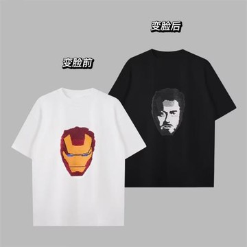 夏季男士純棉變臉鋼鐵俠短袖T恤潮流亮面珠片繡上衣街頭嘻哈上衣