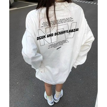 早秋美式穿搭 純棉長袖T恤 M-3XL 重磅纯棉长袖t恤 情侶裝 潮牌别致字母宽松oversize打底衫上衣