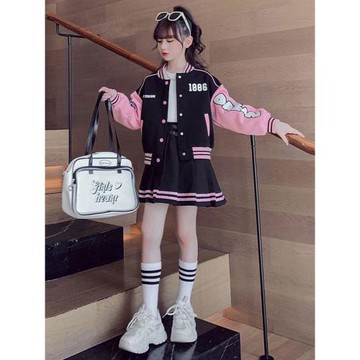 女童棒球服外套時髦春秋2025新款網紅兒童春裝學院風jk百褶裙套裝
