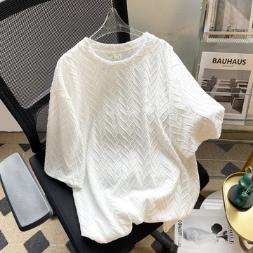 老錢風上衣 衣服男 韓系上衣 300斤大碼薄款冰絲提花短袖T恤男女簡約寬鬆五分袖休閒上衣體恤衫素t 短袖t恤男 男生 t