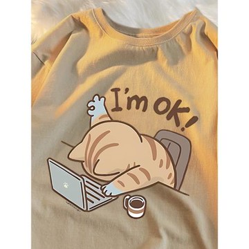 純棉短袖t恤男女夏季新款imok工作貓咪寬松大碼學生ins小眾上衣服