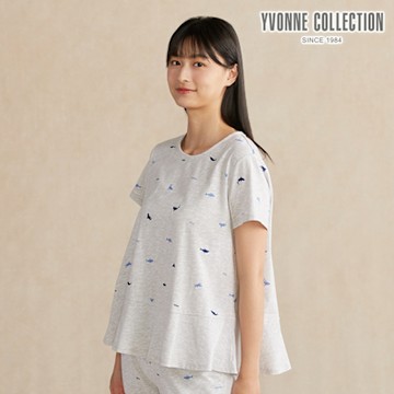 YVONNE 以旺傢飾 鯊魚印花拼接短袖上衣-銀白灰