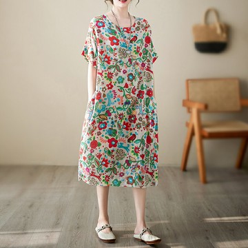 大尺碼洋裝 夏季新款大碼女裝胖mm薄款棉麻文藝女過膝中長款連身裙氣質女