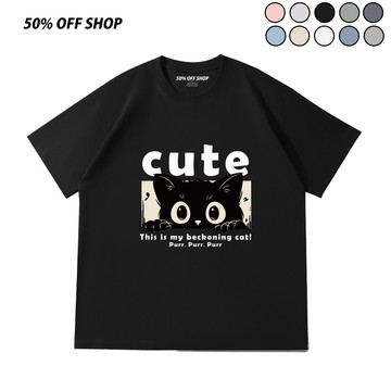 偷看喵喵 可愛黑貓 厚磅純棉短T 韓系卡通插畫 男女上衣 學生情侶休閒百搭 oversize潮流短袖T恤 台灣製現貨
