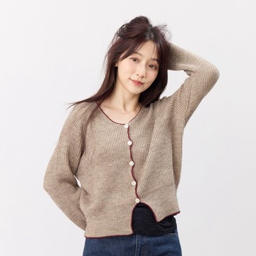 Cathy手勾邊圓領針織開襟衫外套/摩卡棕