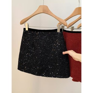 黑色亮片毛呢半身裙女秋季2025新款百搭減齡高腰A字短裙包臀裙子