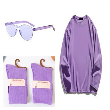 [韓國K.W.]現貨純棉多巴胺穿搭糖果彩色長袖上衣+眼鏡+襪子三件一組套裝