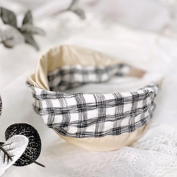 扭結雙拼髮箍/皺褶鉛筆格紋寬邊交叉髮帶式頭箍 寬版 髮估 頭飾