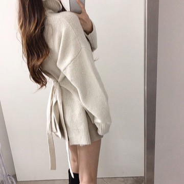 特價*黑現貨秒出♥️【JinG】厚磅*前後兩穿*側開岔綁帶高領針織毛衣♥️東大門同款 韓版 高領針織 長版 長袖毛衣