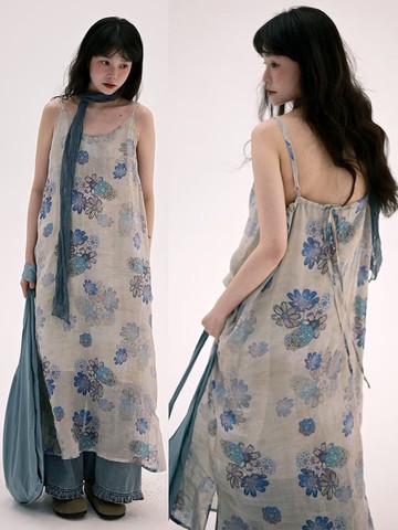 多顏色 苧麻山野吊帶裙 印花撞色復古風細肩帶長裙