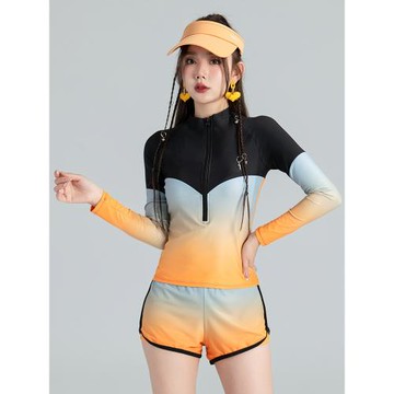 新款泳衣女分體平角顯瘦長袖防曬沖浪服浮潛漂流學生保守運動泳裝
