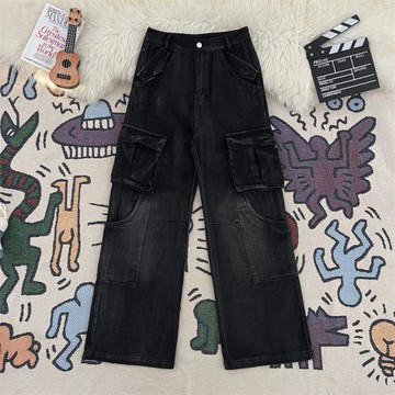 美式高街復古工裝牛仔褲男潮牌街頭休閑多口袋寬松闊腿黑色長褲子