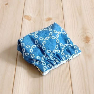 手掌大小 圓形丹寧刺繡彈片迷你口金包 8cm 口金 藍色 698