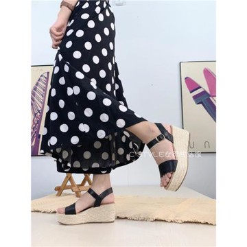 歐美夏季新款麻繩草編一字扣帶真皮松糕底透氣高跟涼鞋大碼鞋女鞋