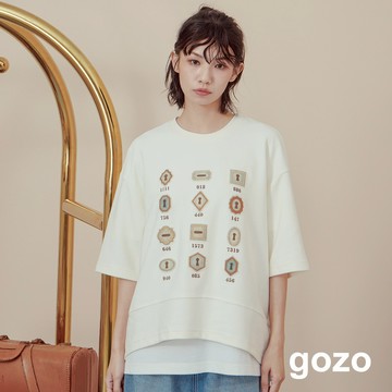 【gozo】數字密碼廓型五分袖T恤(米白/藍色_F) | 女裝 圓領 百搭