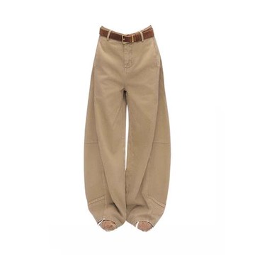美式復古卡其色彎刀牛仔褲女秋季大碼胖mm設計感寬松闊腿直筒長褲