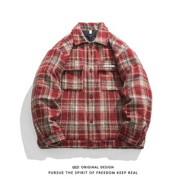 格自美式復古格子毛呢襯衫男春季潮牌小香風夾克寬松百搭情侶外套