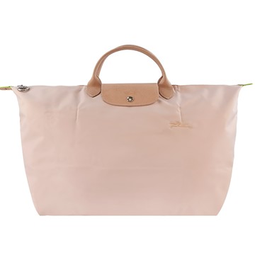LONGCHAMP LE PLIAGE GREEN系列刺繡短把再生尼龍摺疊旅行袋(大/花粉)