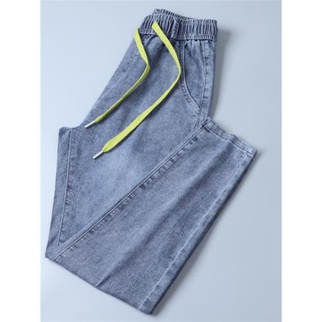 撤柜剪標男裝春夏薄款小腳直筒牛仔褲外貿尾單松緊腰九分蘿卜褲