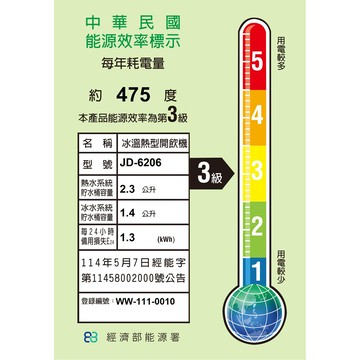 晶工牌 11.5L 省電科技冰溫熱全自動開飲機 台灣製 JD-6206