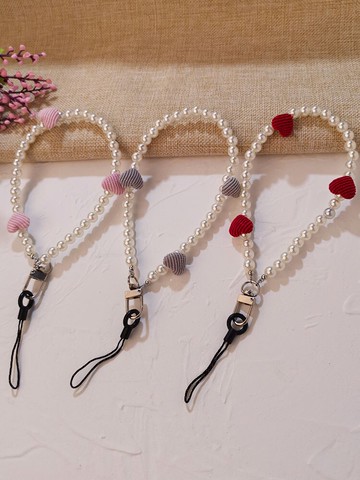 手機掛繩短款手腕掛件珍珠毛球愛心手工編織結實耐用女手機殼通用