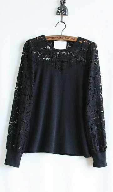 2014秋冬新品 韓味女裝圓領長袖修身針織拼接蕾絲現身百搭打底衫