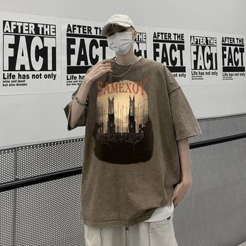 男士短袖t恤夏季2024新款五分袖上衣高端圓領打底衫美式復古衣服
