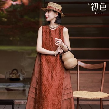 初色 文藝風寬鬆透氣純色圓領無袖連衣裙連身洋裝-紅色-35794(M-2XL可選)