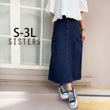 SISTERS 大口袋工裝水洗丹寧長裙 牛仔裙/S-3L(女下著/裙子/裙裝/顯瘦/中長裙/工裝)