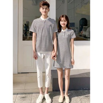 情侶裝夏裝2026新款潮流條紋夏季短袖T恤polo衫一裙一衣連衣裙子