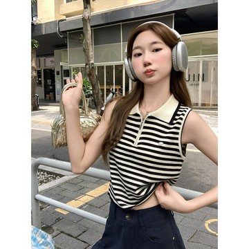 Polo領 條紋針織 吊帶 背心女 外穿 秋季新款 修身顯瘦 短款無袖 上衣